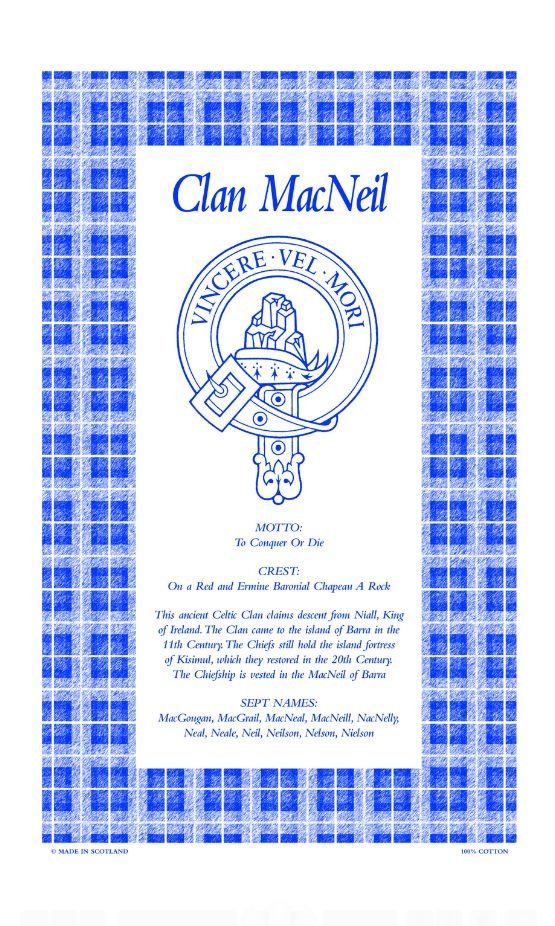 Image 1 of MacNeil Clan Scottish Blue White Cotton Printed Tea Towel