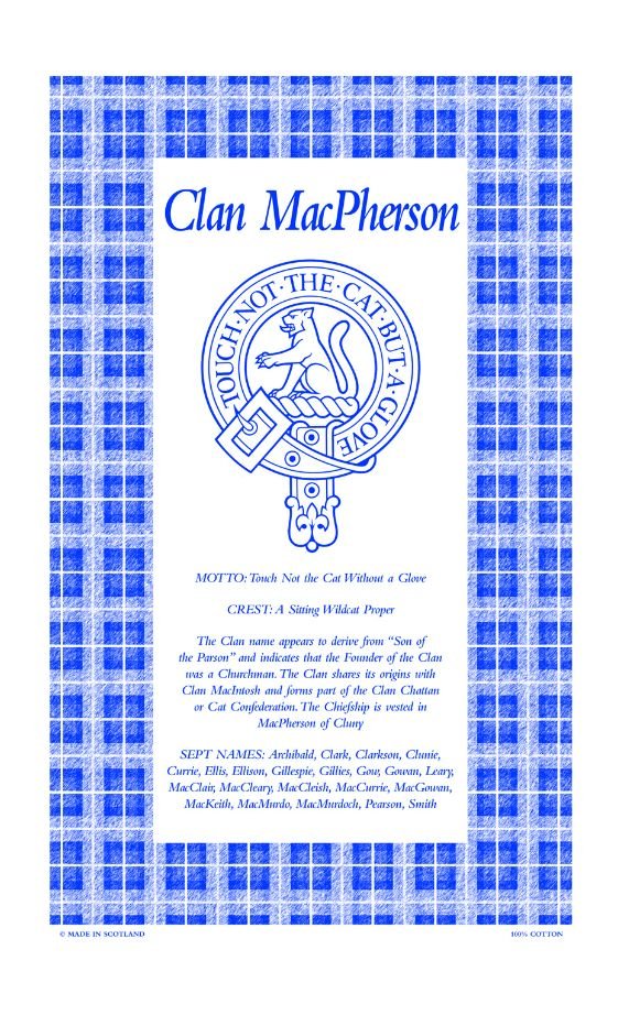 Image 1 of MacPherson Clan Scottish Blue White Cotton Printed Tea Towel