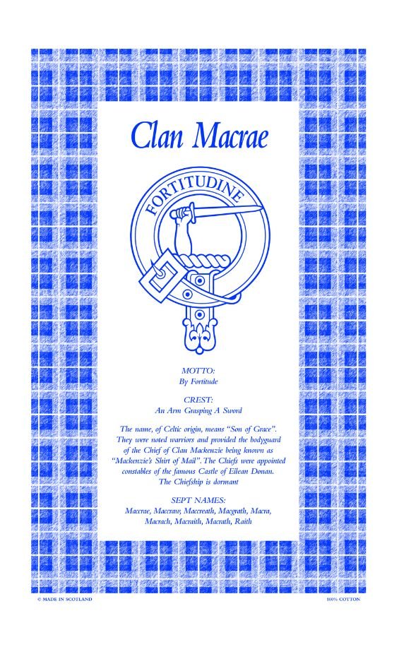 Image 1 of MacRae Clan Scottish Blue White Cotton Printed Tea Towel