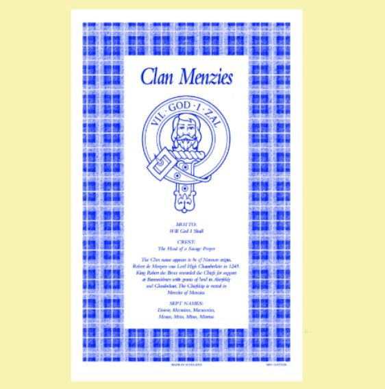 Image 0 of Menzies Clan Scottish Blue White Cotton Printed Tea Towel