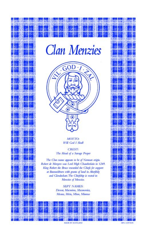 Image 1 of Menzies Clan Scottish Blue White Cotton Printed Tea Towel