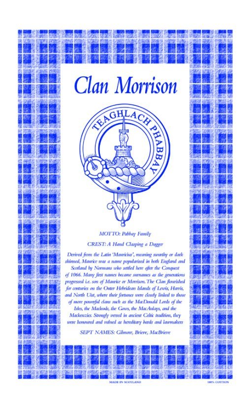 Image 1 of Morrison Clan Scottish Blue White Cotton Printed Tea Towel