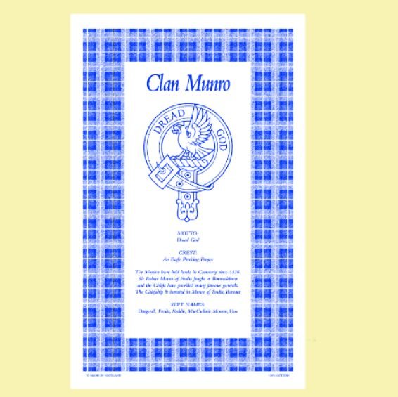 Image 0 of Munro Clan Scottish Blue White Cotton Printed Tea Towel