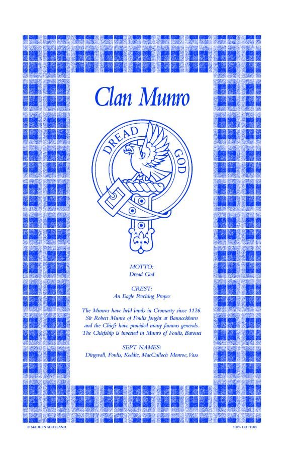 Image 1 of Munro Clan Scottish Blue White Cotton Printed Tea Towel