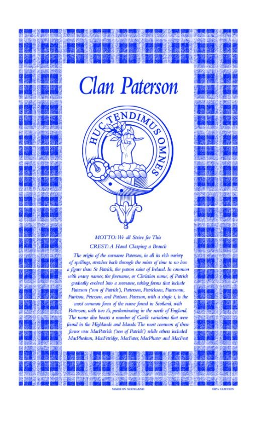 Image 1 of Paterson Clan Scottish Blue White Cotton Printed Tea Towel