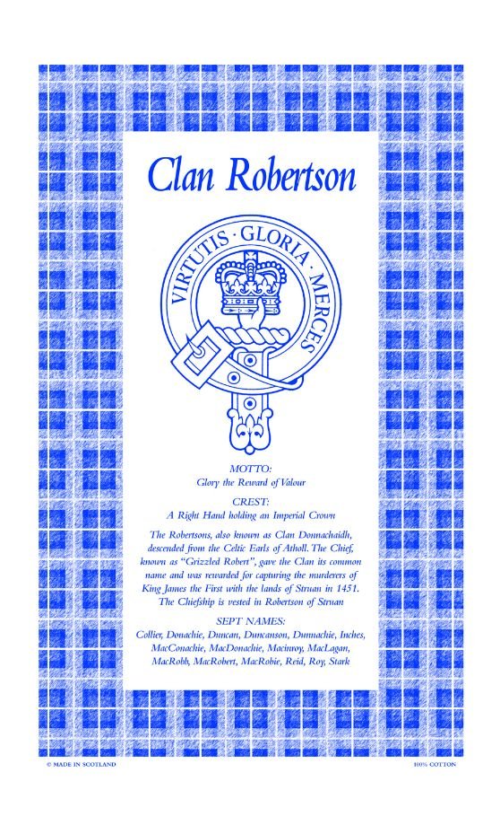 Image 1 of Robertson Clan Scottish Blue White Cotton Printed Tea Towel