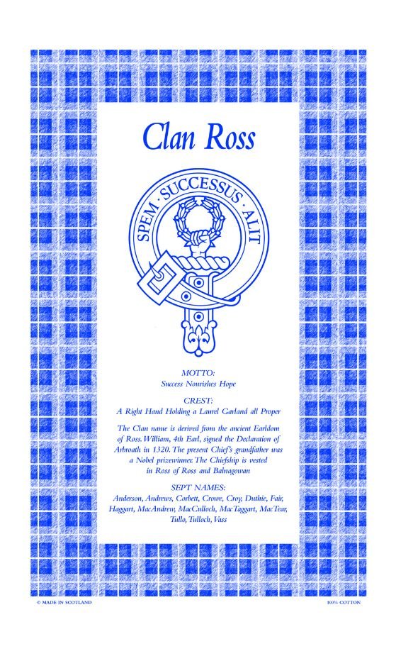 Image 1 of Ross Clan Scottish Blue White Cotton Printed Tea Towel