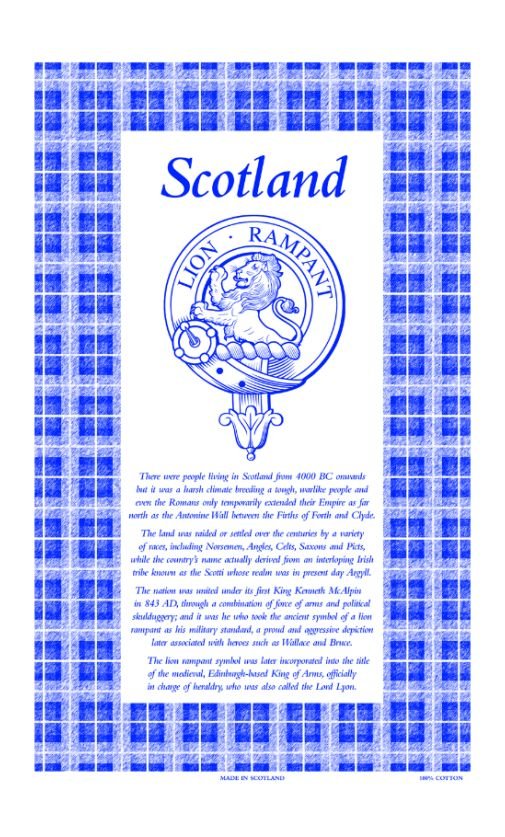 Image 1 of Scotland Crest Blue White Cotton Printed Tea Towel