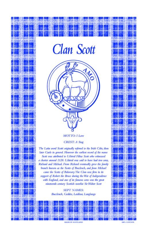 Image 1 of Scott Clan Scottish Blue White Cotton Printed Tea Towel