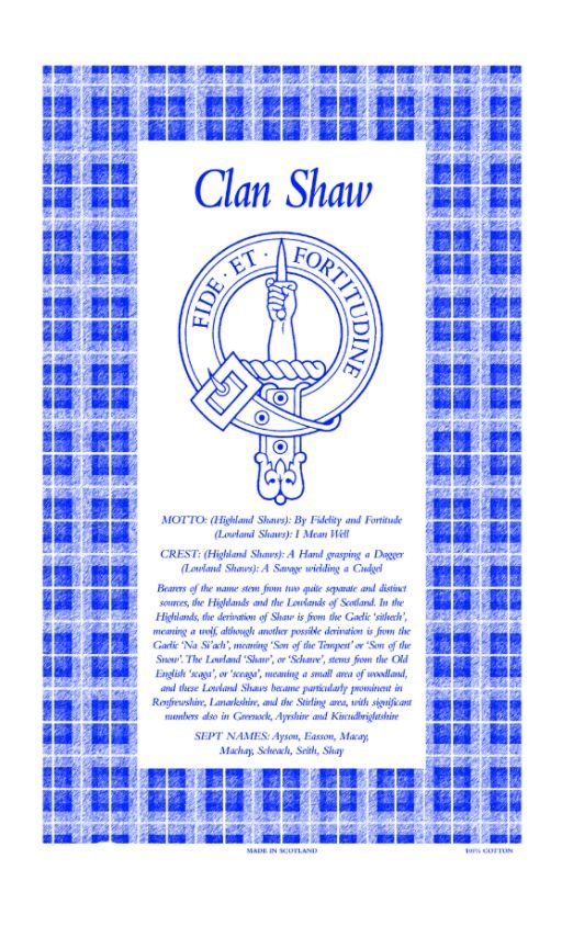 Image 1 of Shaw Clan Scottish Blue White Cotton Printed Tea Towel
