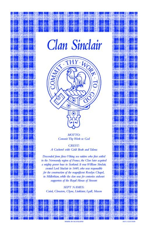 Image 1 of Sinclair Clan Scottish Blue White Cotton Printed Tea Towel