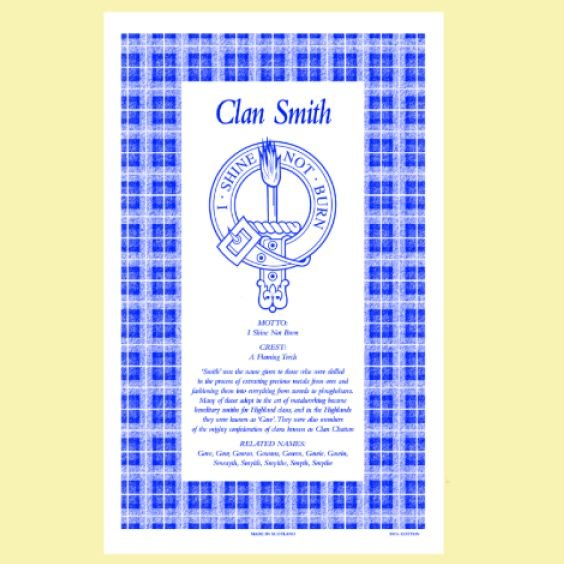 Image 0 of Smith Clan Scottish Blue White Cotton Printed Tea Towel