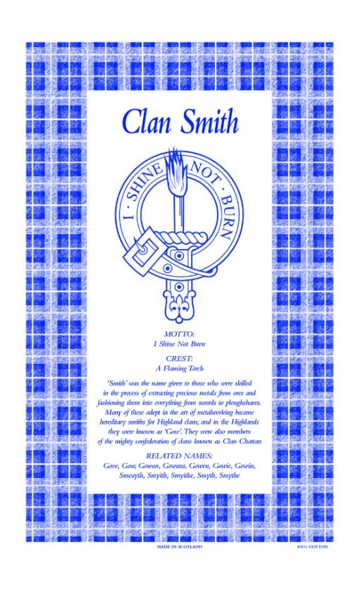 Image 1 of Smith Clan Scottish Blue White Cotton Printed Tea Towel