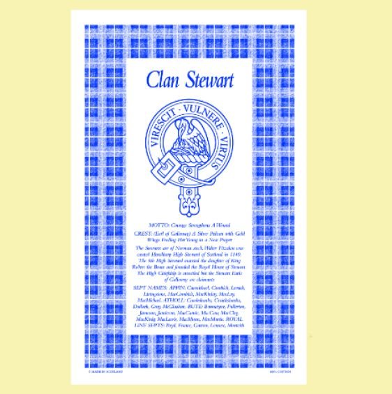 Image 0 of Stewart Clan Scottish Blue White Cotton Printed Tea Towel