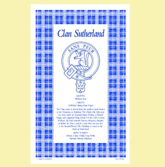 Image 0 of Sutherland Clan Scottish Blue White Cotton Printed Tea Towel