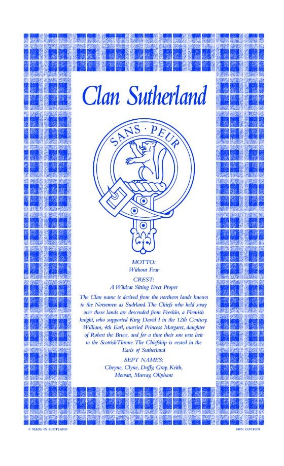 Image 1 of Sutherland Clan Scottish Blue White Cotton Printed Tea Towel