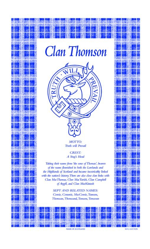 Image 1 of Thomson Clan Scottish Blue White Cotton Printed Tea Towel