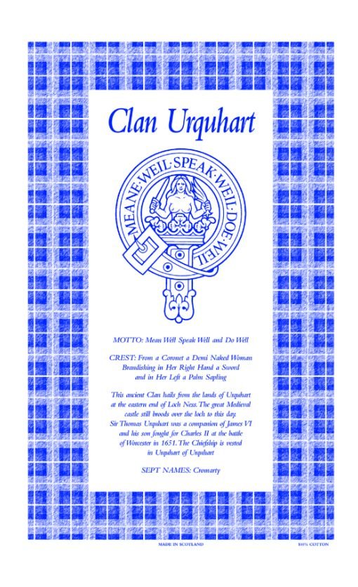 Image 1 of Urquhart Clan Scottish Blue White Cotton Printed Tea Towel