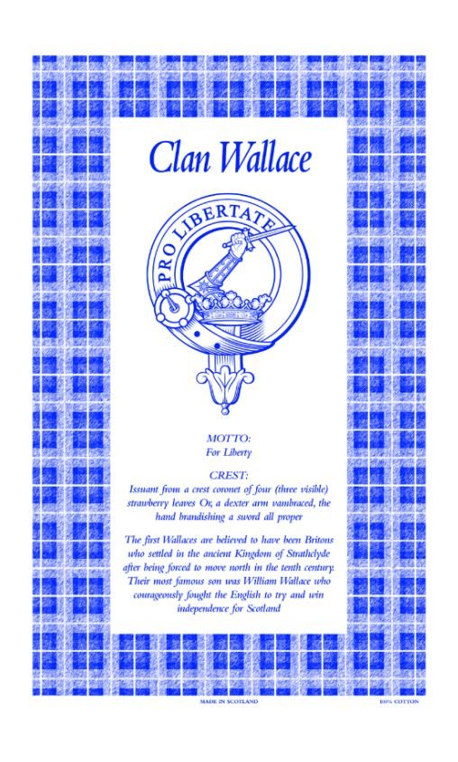 Image 1 of Wallace Clan Scottish Blue White Cotton Printed Tea Towel