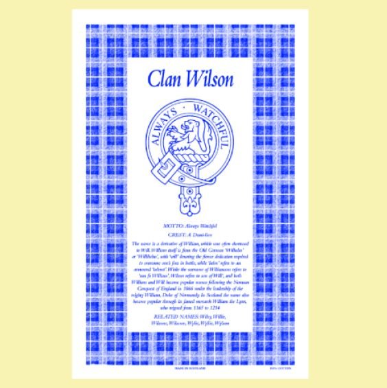 Image 0 of Wilson Clan Scottish Blue White Cotton Printed Tea Towel