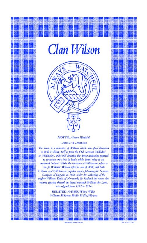 Image 1 of Wilson Clan Scottish Blue White Cotton Printed Tea Towel