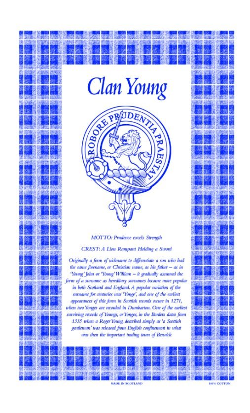 Image 1 of Young Clan Scottish Blue White Cotton Printed Tea Towel