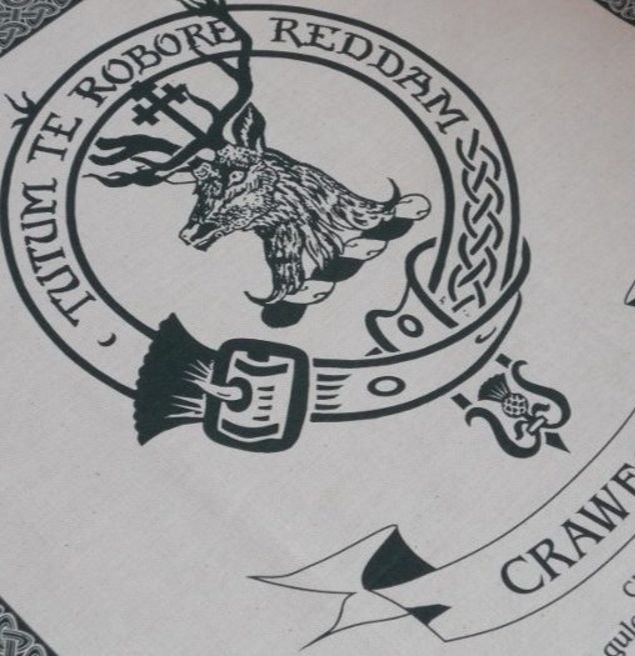 Image 1 of Crawford Clan Cloot Crest Unbleached Cotton Printed Tea Towel