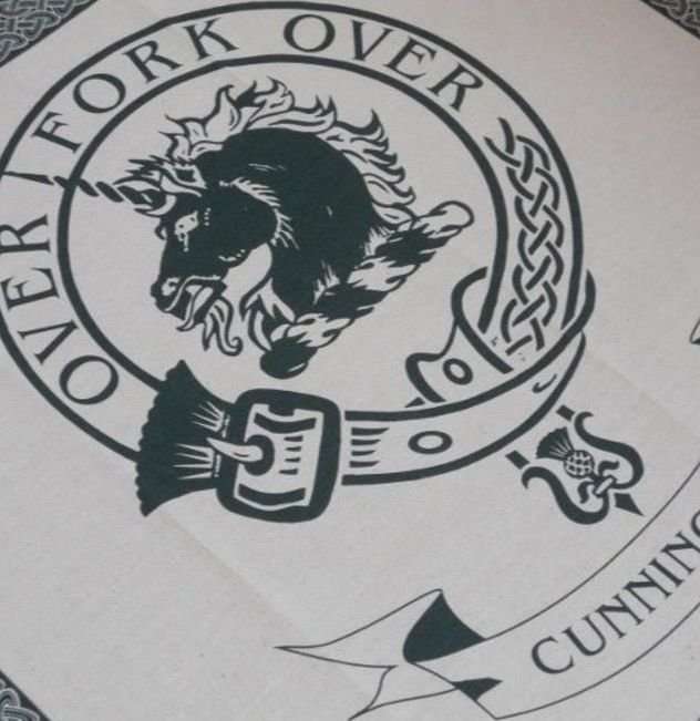 Image 1 of Cunningham Clan Cloot Crest Unbleached Cotton Printed Tea Towel