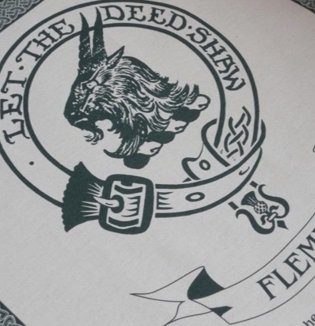 Image 1 of Fleming Clan Cloot Crest Unbleached Cotton Printed Tea Towel