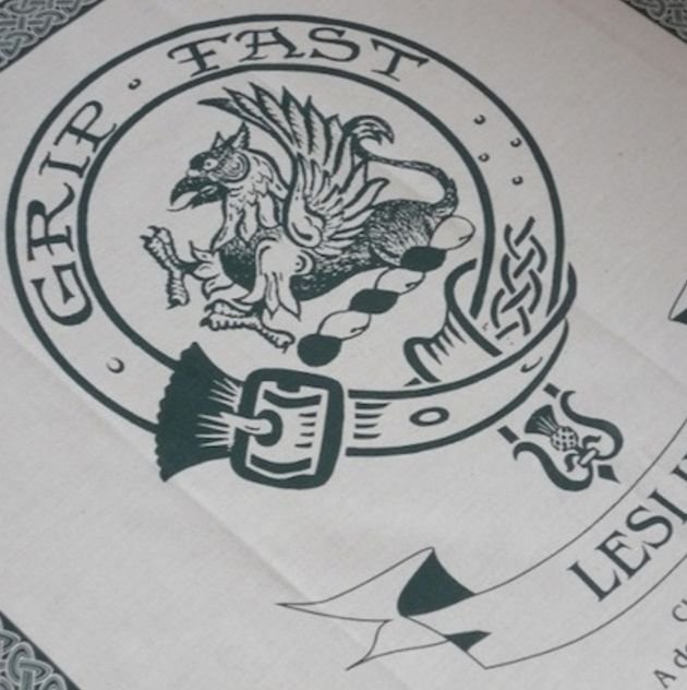 Image 1 of Leslie Clan Cloot Crest Unbleached Cotton Printed Tea Towel
