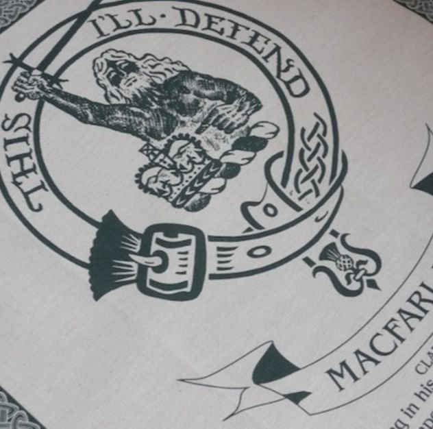 Image 1 of MacFarlane Clan Cloot Crest Unbleached Cotton Printed Tea Towel