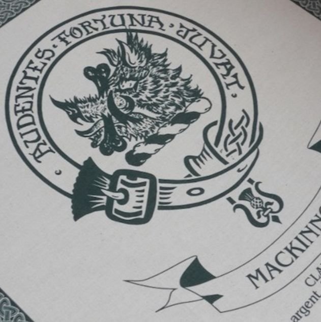 Image 1 of MacKinnon Clan Cloot Crest Unbleached Cotton Printed Tea Towel