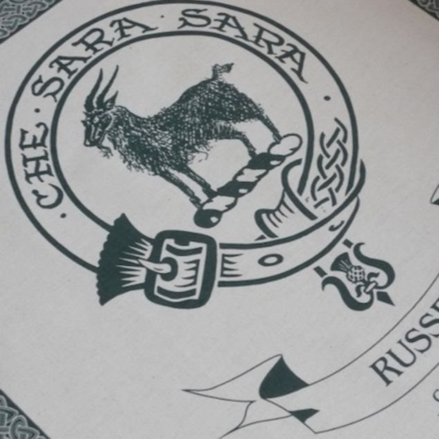 Image 1 of Russell Clan Cloot Crest Unbleached Cotton Printed Tea Towel