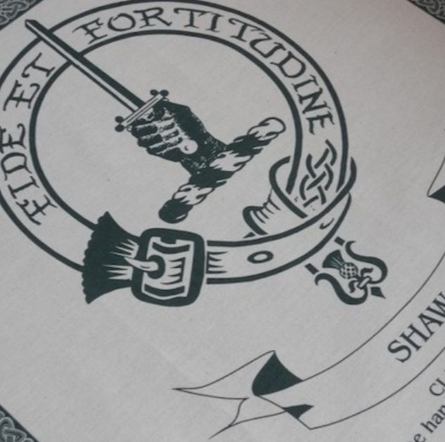 Image 1 of Shaw Clan Cloot Crest Unbleached Cotton Printed Tea Towel