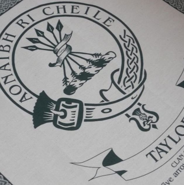 Image 1 of Taylor Clan Cloot Crest Unbleached Cotton Printed Tea Towel