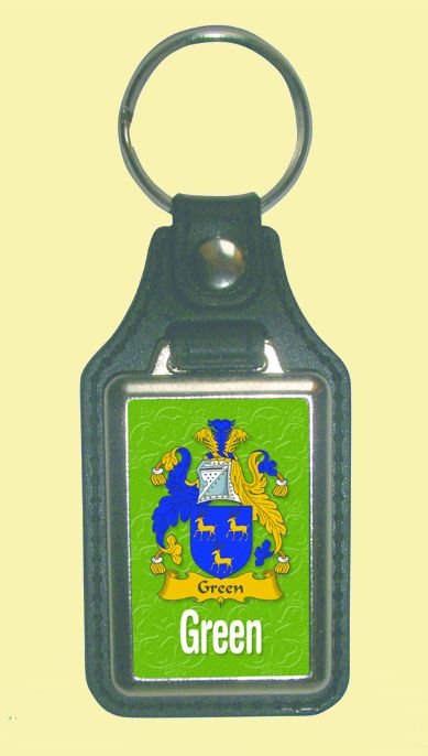 Image 0 of Green Coat of Arms English Family Name Leather Key Ring Set of 2