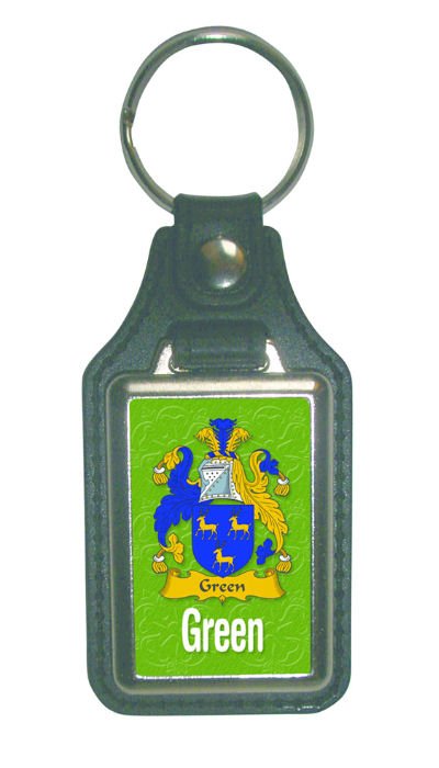 Image 1 of Green Coat of Arms English Family Name Leather Key Ring Set of 2