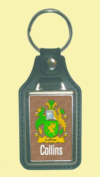 Image 0 of Collins Coat of Arms English Family Name Leather Key Ring Set of 2