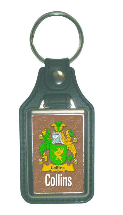 Image 1 of Collins Coat of Arms English Family Name Leather Key Ring Set of 2