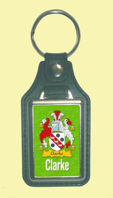 Image 0 of Clarke Coat of Arms English Family Name Leather Key Ring Set of 2
