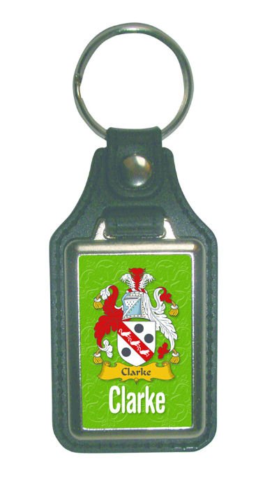 Image 1 of Clarke Coat of Arms English Family Name Leather Key Ring Set of 2