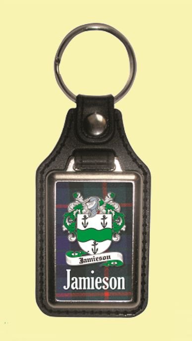 Image 0 of Jamieson Coat of Arms Tartan Scottish Family Name Leather Key Ring Set of 2