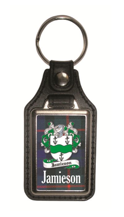 Image 1 of Jamieson Coat of Arms Tartan Scottish Family Name Leather Key Ring Set of 2