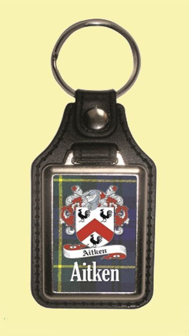 Image 0 of Aitken Coat of Arms Tartan Scottish Family Name Leather Key Ring Set of 2
