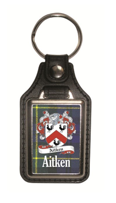 Image 1 of Aitken Coat of Arms Tartan Scottish Family Name Leather Key Ring Set of 2
