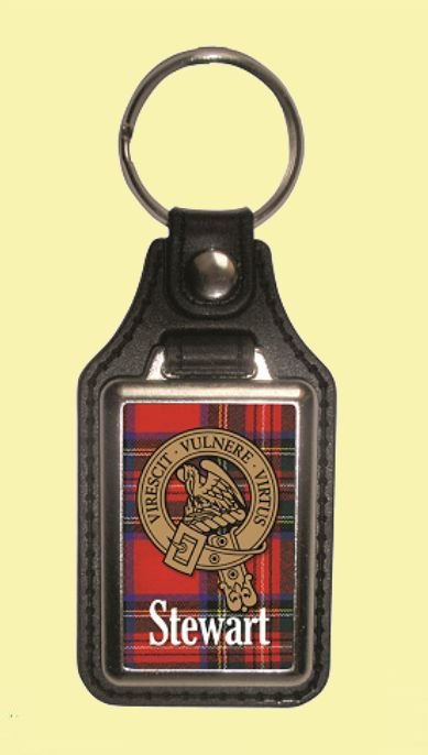 Image 0 of Stewart Clan Badge Tartan Scottish Family Name Leather Key Ring Set of 2