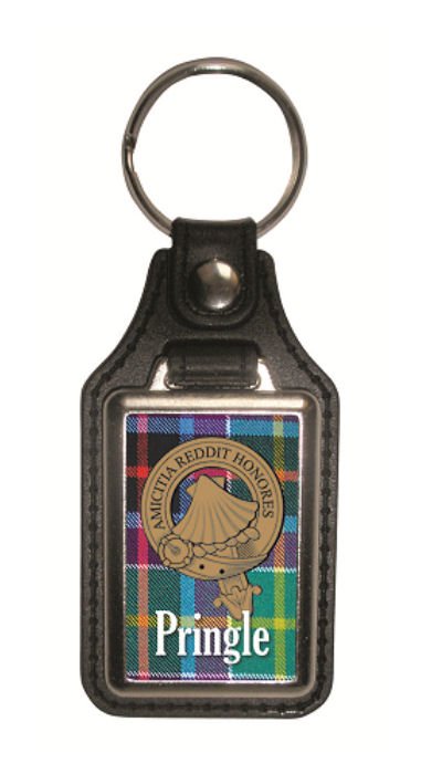 Image 1 of Pringle Clan Badge Tartan Scottish Family Name Leather Key Ring Set of 2
