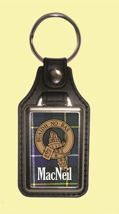 Image 0 of MacNeil Clan Badge Tartan Scottish Family Name Leather Key Ring Set of 4