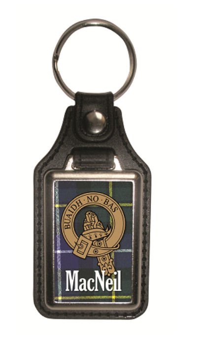 Image 1 of MacNeil Clan Badge Tartan Scottish Family Name Leather Key Ring Set of 4