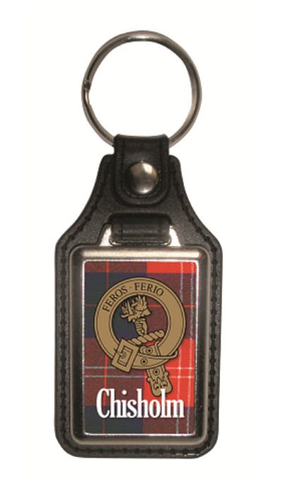 Image 1 of Chisholm Clan Badge Tartan Scottish Family Name Leather Key Ring Set of 2